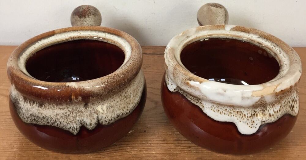 Pair Vintage Brown Drip Lava Glaze French Onion Soup Crocks Bowls w Handles